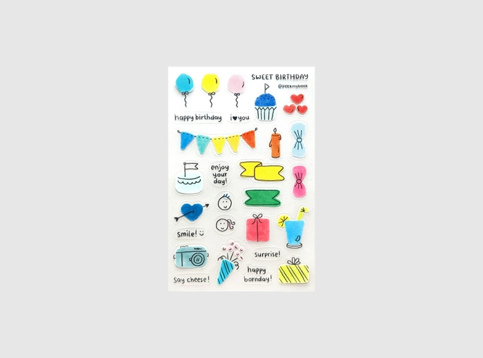Sweet Birthday transparent sticker sheet with cute colorful birthday illustrations by Peekmybook