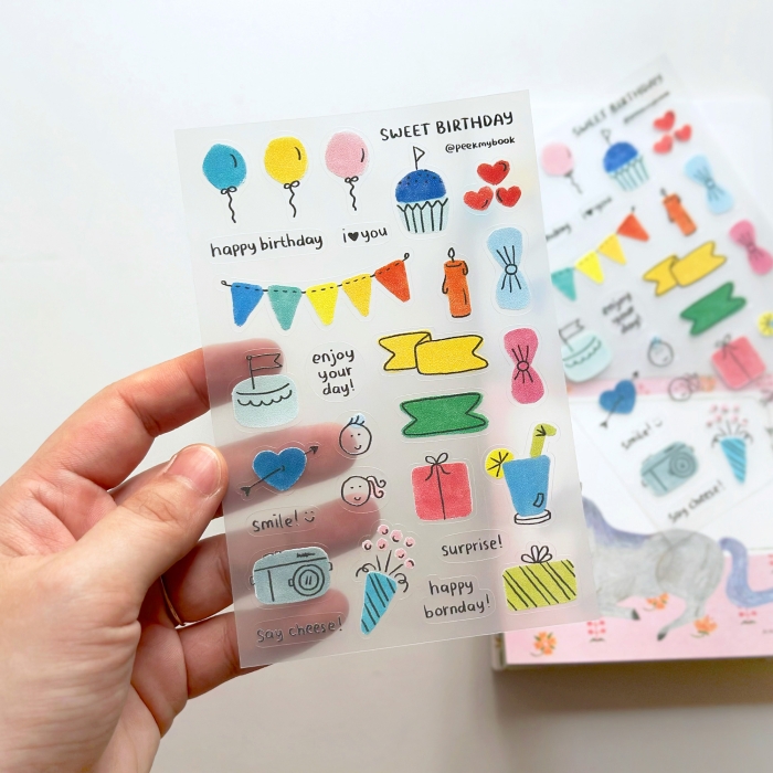 Sweet-Birthday-Transparent-Sticker-2 Sweet Birthday transparent sticker sheet with cute colorful birthday illustrations by Peekmybook