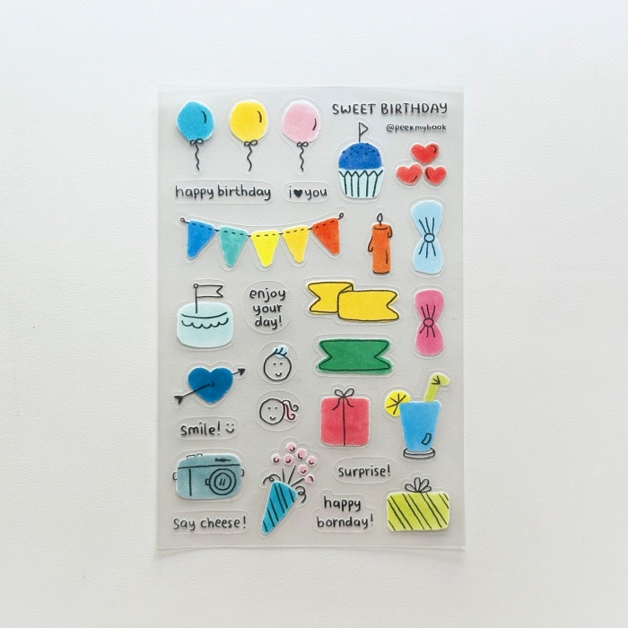 Sweet-Birthday-Transparent-Sticker-3 Sweet Birthday transparent sticker sheet with cute colorful birthday illustrations by Peekmybook